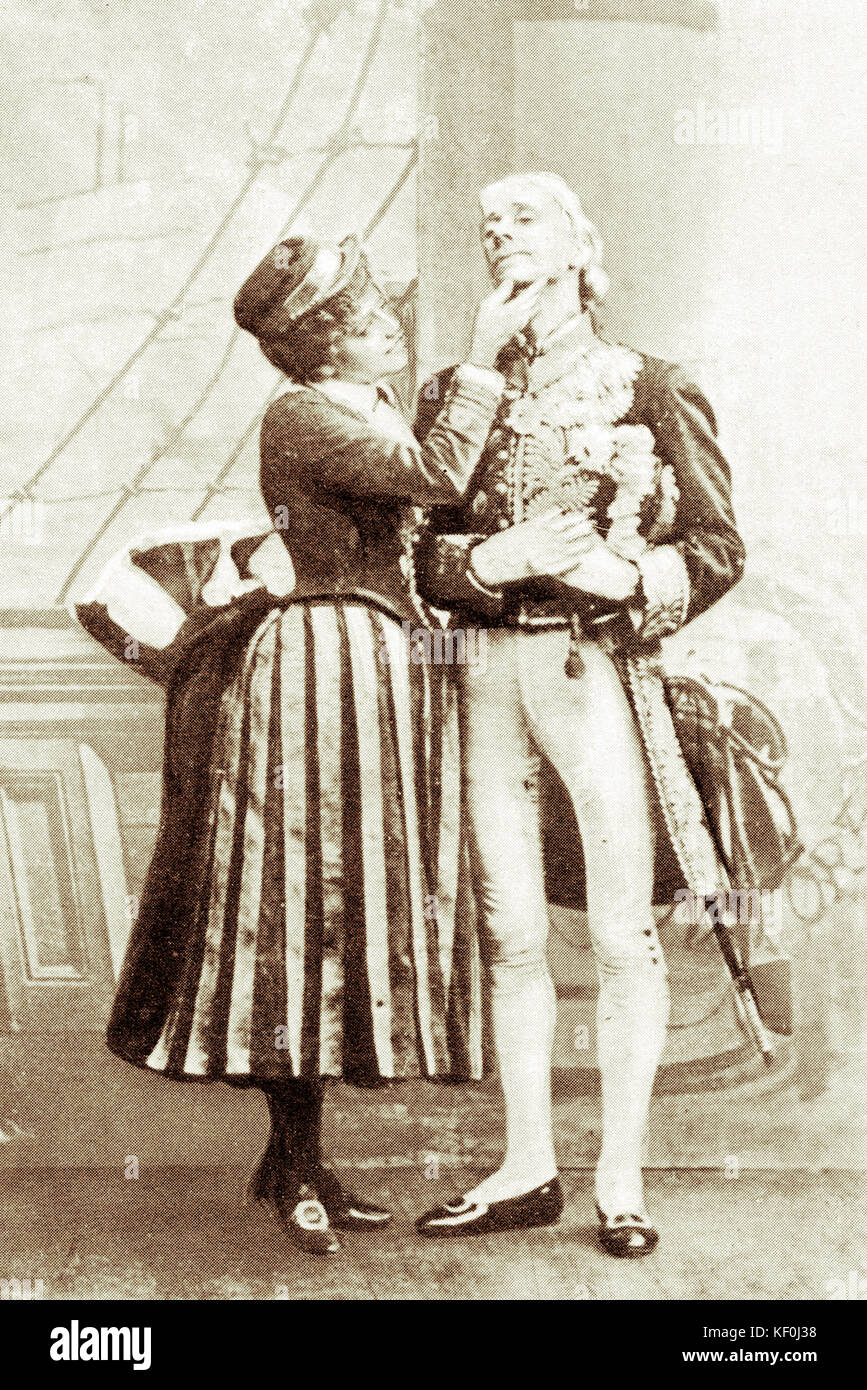 H.M.S. Pinafore - Jessie Bond as Hebe and George Grossmith as Sir Joseph Porter in the first production of Gilbert & Sullivan 's comic opera. Arthur Sullivan: English composer, 13 May 1842 – 22 November 1900. W. S. Gilbert: English dramatist, librettist, poet and illustrator, 18 November 1836 – 29 May 1911. Tinted version. Stock Photo