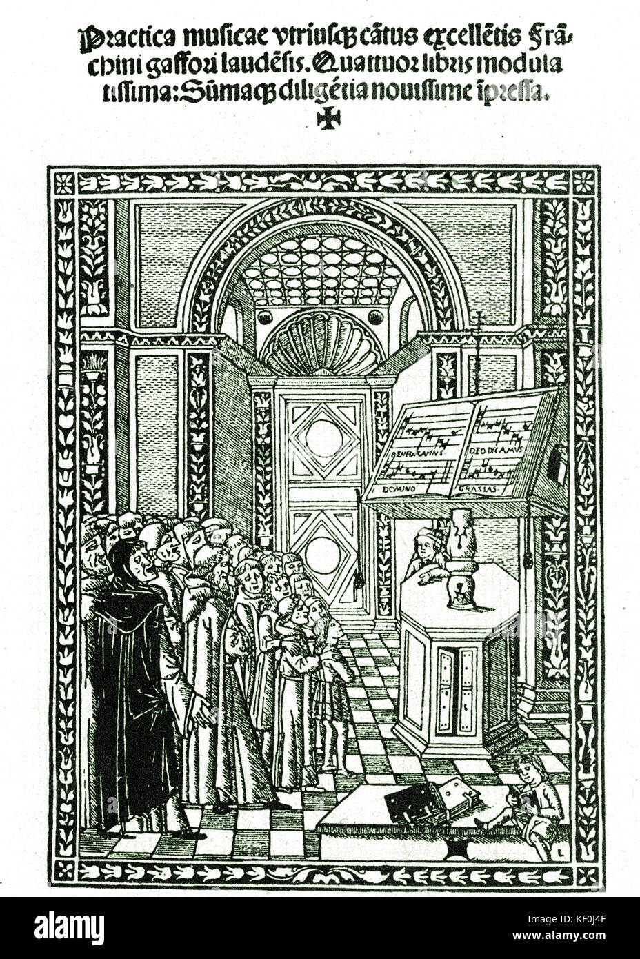 Frontispiece to 'Practica musicae' by di Gaffurio, published Venice 1512. A chapel choir sings from sheet music on a lectern. Franchini di Gaffurio Italian music theorist and composer 14 January 1451 - 25 June 1522. Tinted version. Stock Photo