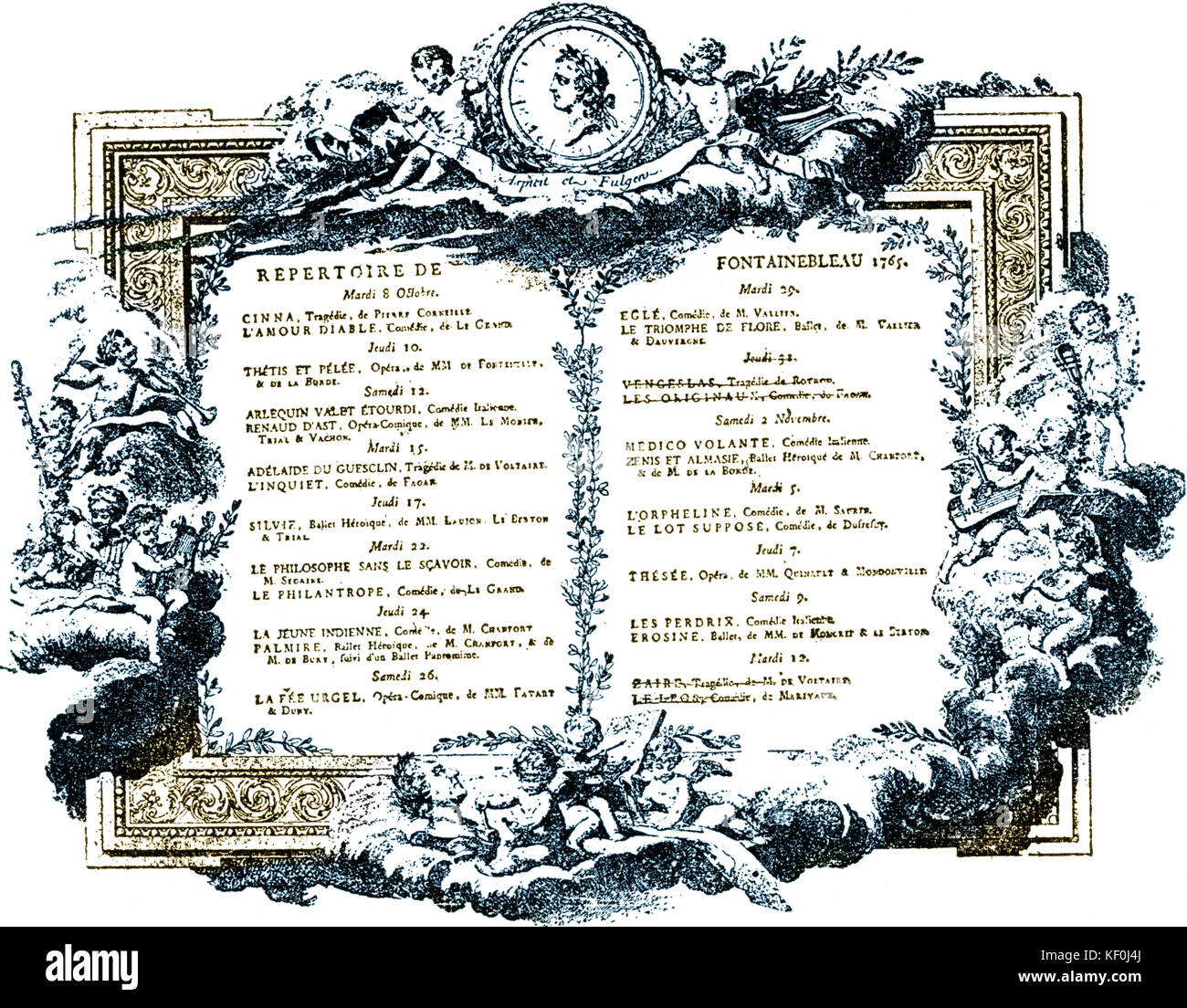 The programme of the Fontainebleau Theatre from 8 October to 12 November 1765. Tinted version. Stock Photo
