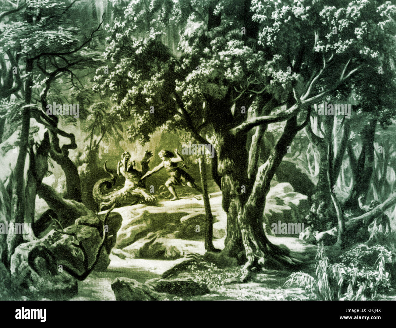 Siegfried by Richard Wagner. Set design by Josef Hoffmann. Caption: In the depths of the forest at Fafner's cave. RW: German composer & author, 22 May 1813 - 13 February 1883. Tinted version. Stock Photo