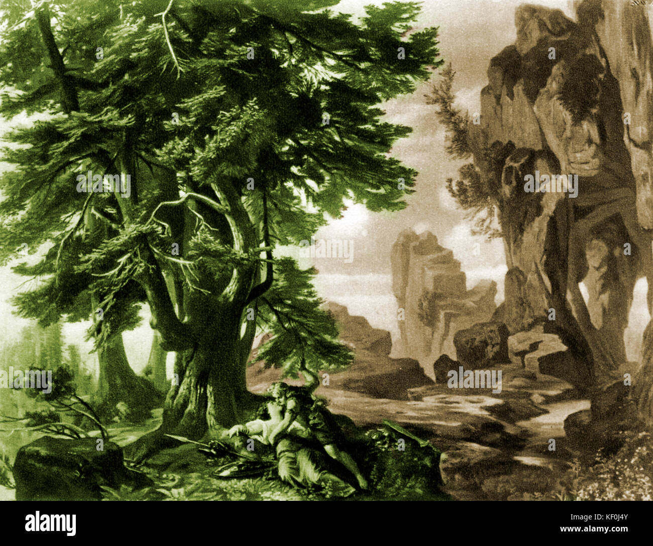 Siegfried by Richard Wagner. Set design by Josef Hoffmann. Caption: Brünnhilde's rock. RW: German composer & author, 22 May 1813 - 13 February 1883. Tinted version. Stock Photo