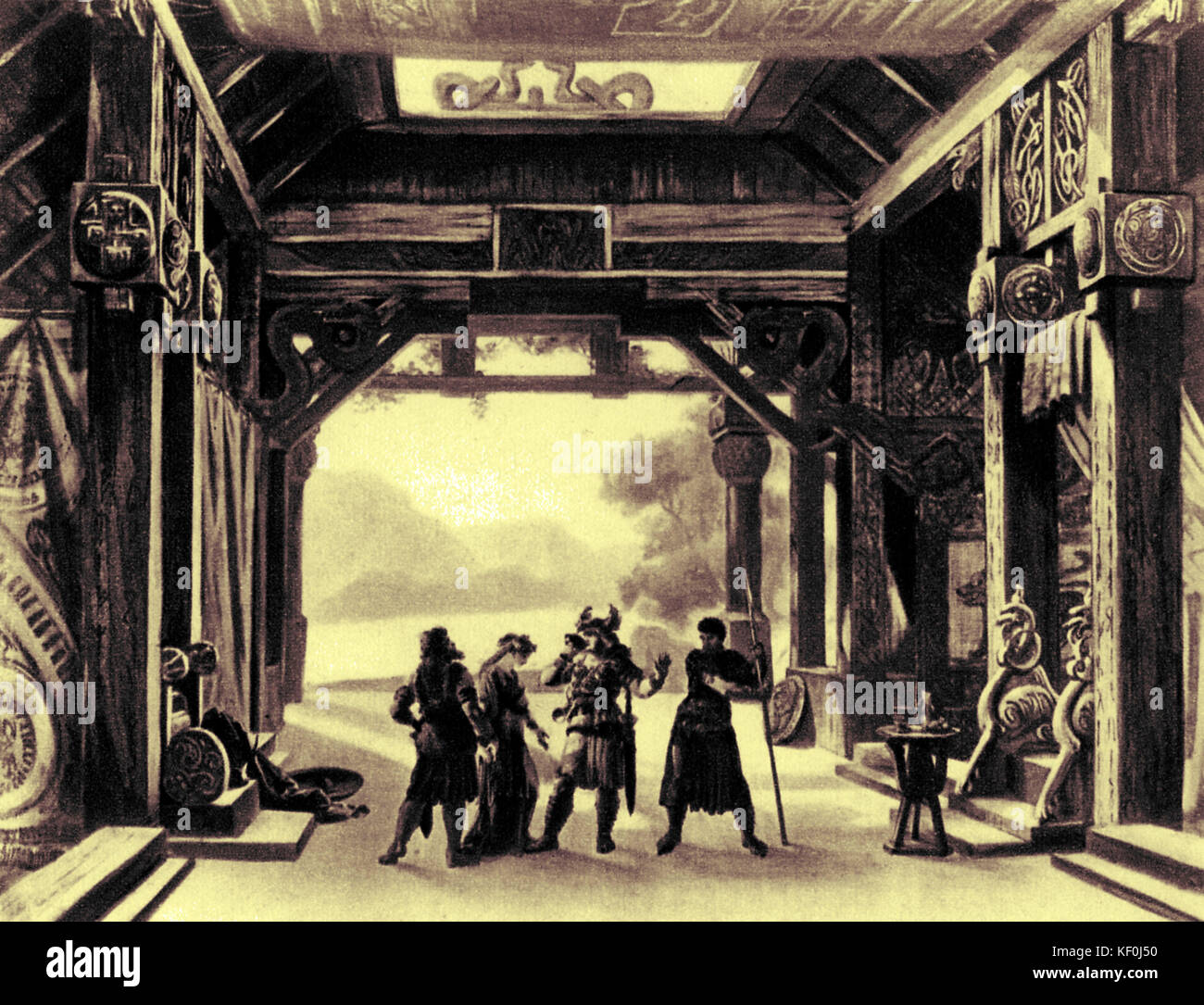 The Twilight of the Gods / Göttterdämmerung by Richard Wagner. Set design by Josef Hoffmann. Caption: The Hall of the Gibichung.  RW: German composer & author, 22 May 1813 - 13 February 1883. Tinted version. Stock Photo
