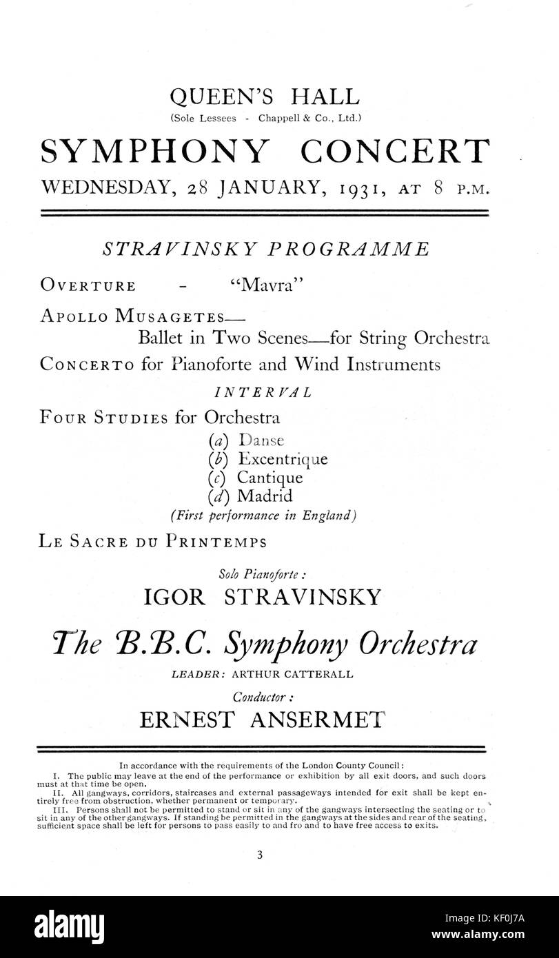 Igor Stravinsky  programme for Queens Hall Symphony concert 28 January 1931.  Includes overture for Mavra, Apollo Musagetes, Concerto for Pianoforte and Wind Instruments, Four Studies for Orchestra (first performance in England), Le Sacre du Printemps with Igor Stravinsky performing solo pianoforte. With the BBC Symphony Orchestra, conductor Arthur Ernest Ansermet.   Russian composer: 17 June 1882 - 6 April 1971. Stock Photo