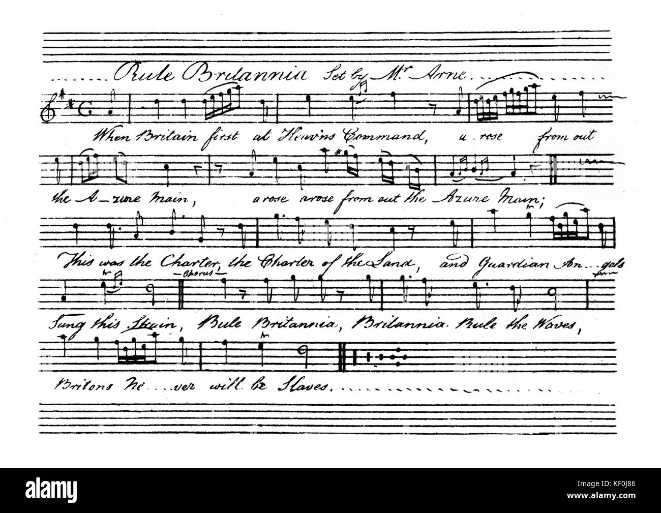Rule Britannia - first verse.Words   by James Thomson   -  put to music by Thomas Augustine Arne , composed for 'The Masque of Alfred' 1740.around 1740 . English composer, 28 May 1710 - 5 March 1778 Stock Photo