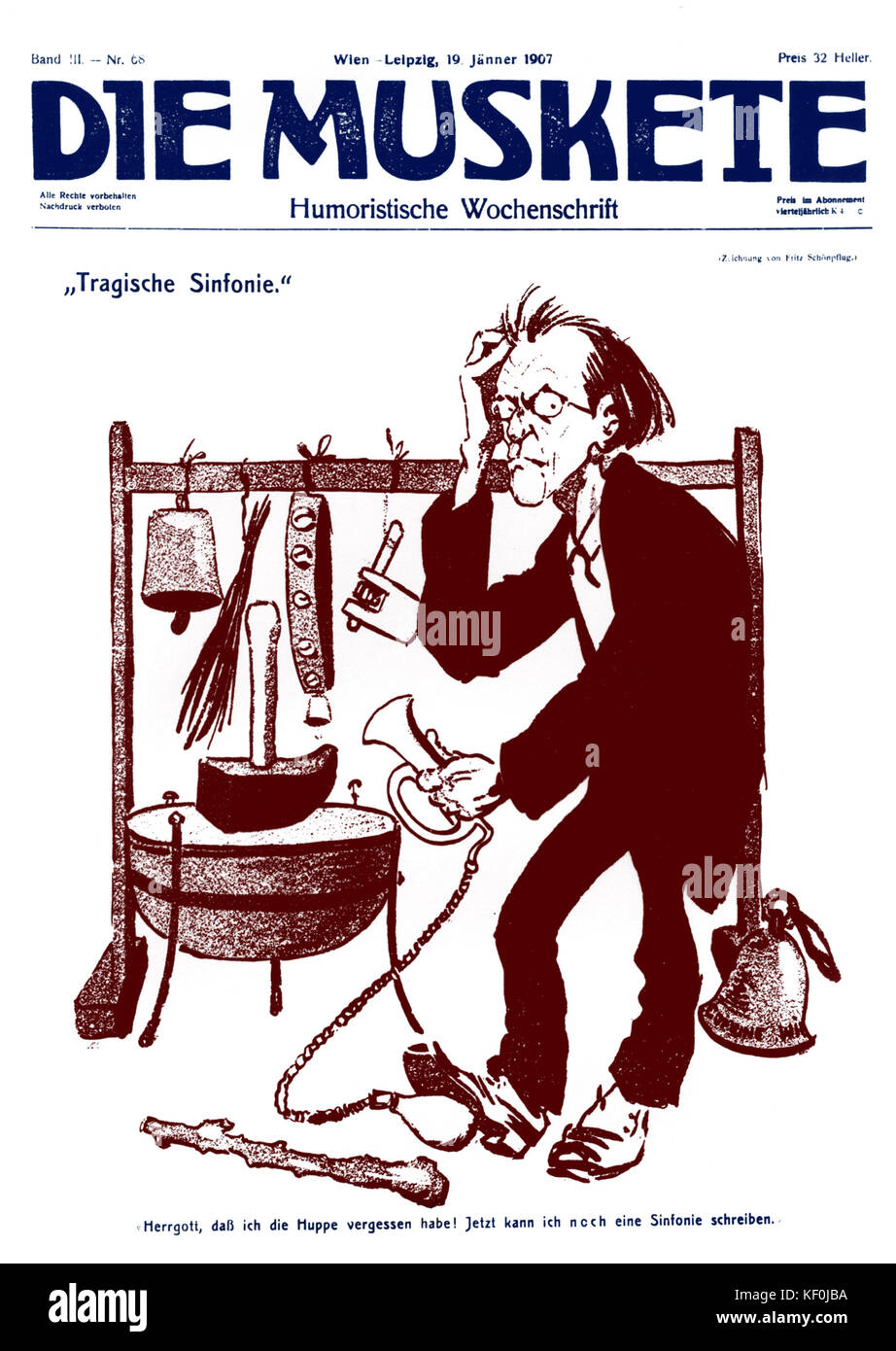 Gustav Mahler caricature about 1st performance of Mahler's 6th Symphony  from Die Muskete 19th January 1907. Caption reads ' Tragische Sinfonie ' (top left corner) ' Hergott, das ich die Huppe vergessen habe! Jetzt kann ich noch eine Sinfonie schreiben '. (Good gracious! Fancy leaving out the motor horn! Ah well, now I have an excuse for writing another symphony ' . Stock Photo