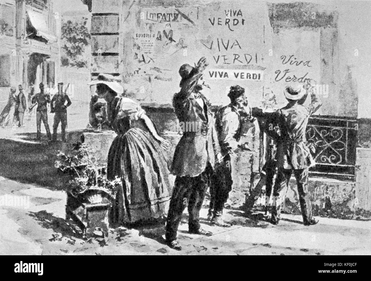 People writing 'Viva Verdi' on a wall, 1859. There was popular support for Verdi at the time of the union of Parma with Piedmont, which he was involved in.  Italian composer 1813-1901 Stock Photo