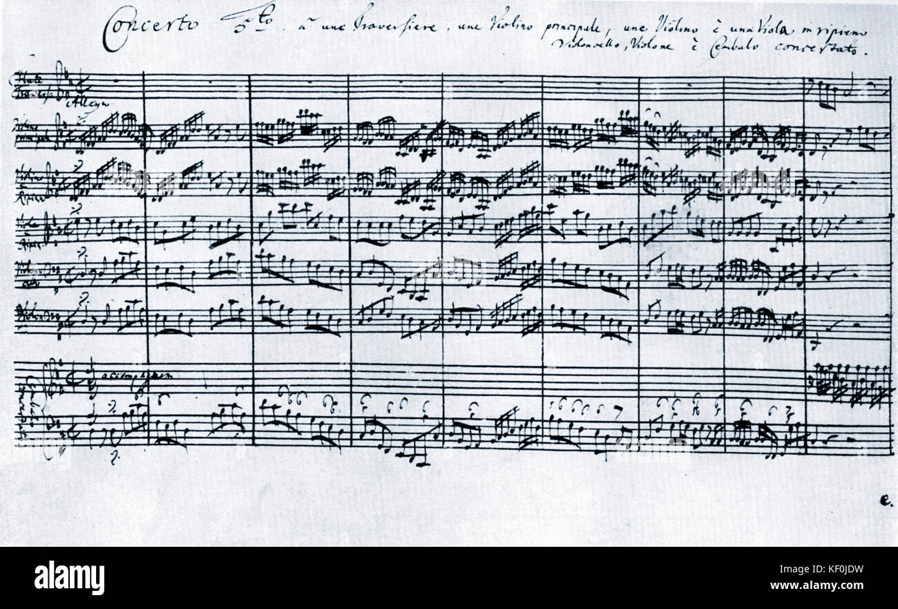 Johann Sebastian Bach -5 Brandenburg Concerto. Autograph score. Triple concerto for flute, violin and cembalo. Piano scores Stock Photo