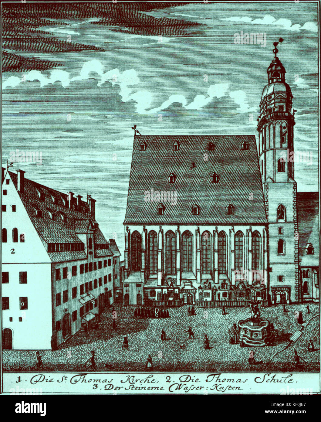 Johann Sebastian Bach - Thomas Kirche & Schule Johann Sebastian Bach.  Thomas Church and Thomas School in Leipzig Telemann.  Thomaskirche Stock Photo
