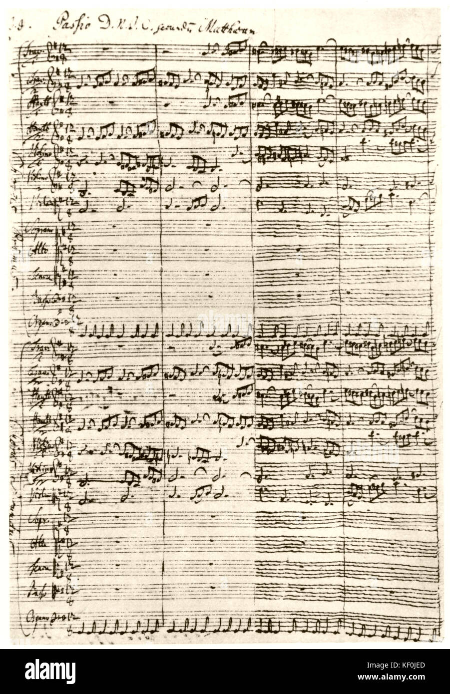 Johann Sebastian Bach - the German composer 's handwritten score for his composition 'Matthäuspassion' (St. Matthew Passion or The Passion According to St. Matthew). Composed for the Thomaskirche, 1729. JSB: 21 March 1685 - 28 July 1750. Stock Photo
