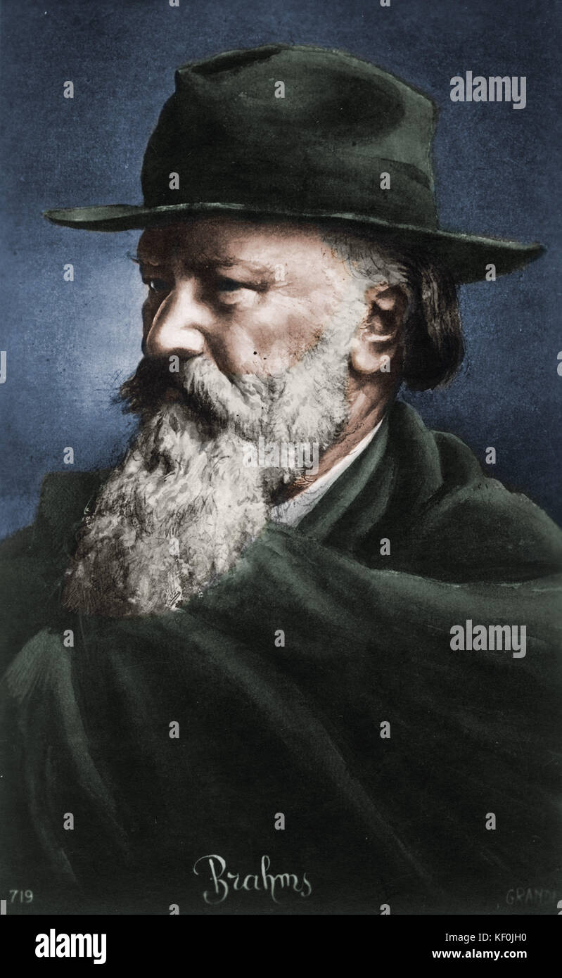 Johannes Brahms, portrait with hat and scarf. German composer, 7 May 1833 - 3 April 1897. Colourised version. Stock Photo