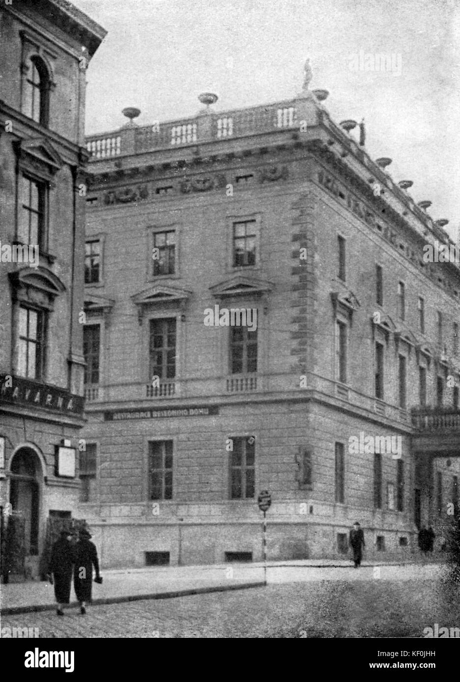 Brno, Czech Republic. Caption reads: 'The Beseda House, today the Army House, with the memorial of the worker, Frantisek Pavlik, killed during a demonstration' - which the composer  Leos Janacek attended in 1905 in support of a Czech university in Brno -  'His death inspired Janacek to write his cycle of piano compositions, 'The Street Scene'' Stock Photo