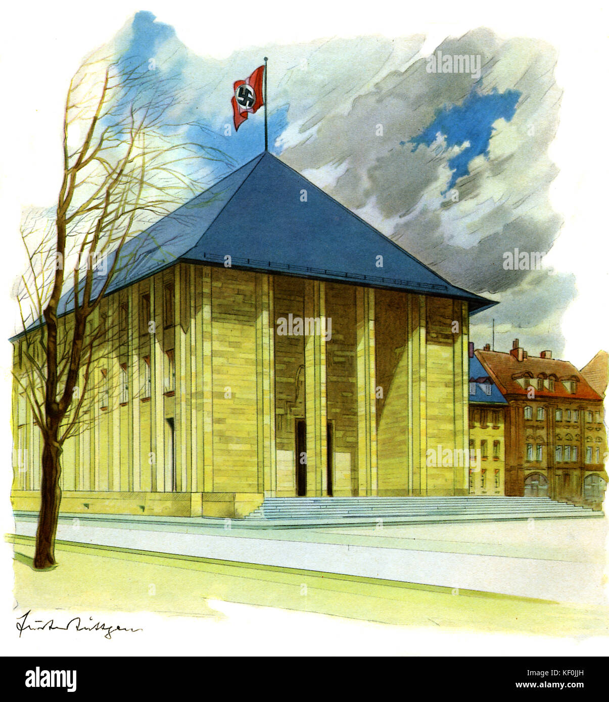 Bayreuth: Ludwig Siebert Festhalle  in 1938 with Swastika flag.  Source: tourist brochure for Bayreuth published 1938 Stock Photo