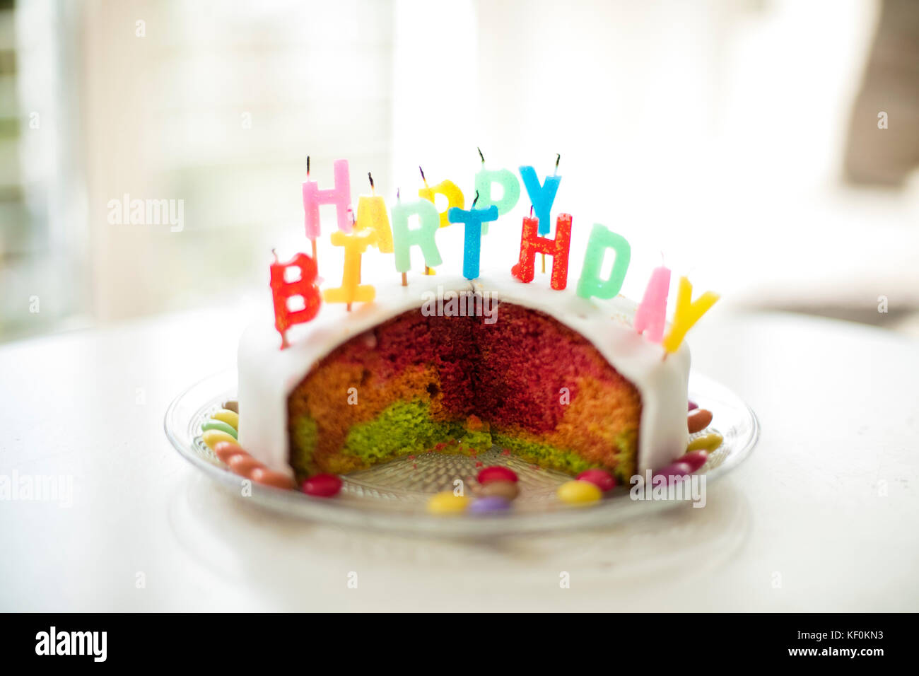 Birthday cake with colorful candles Stock Photo - Alamy