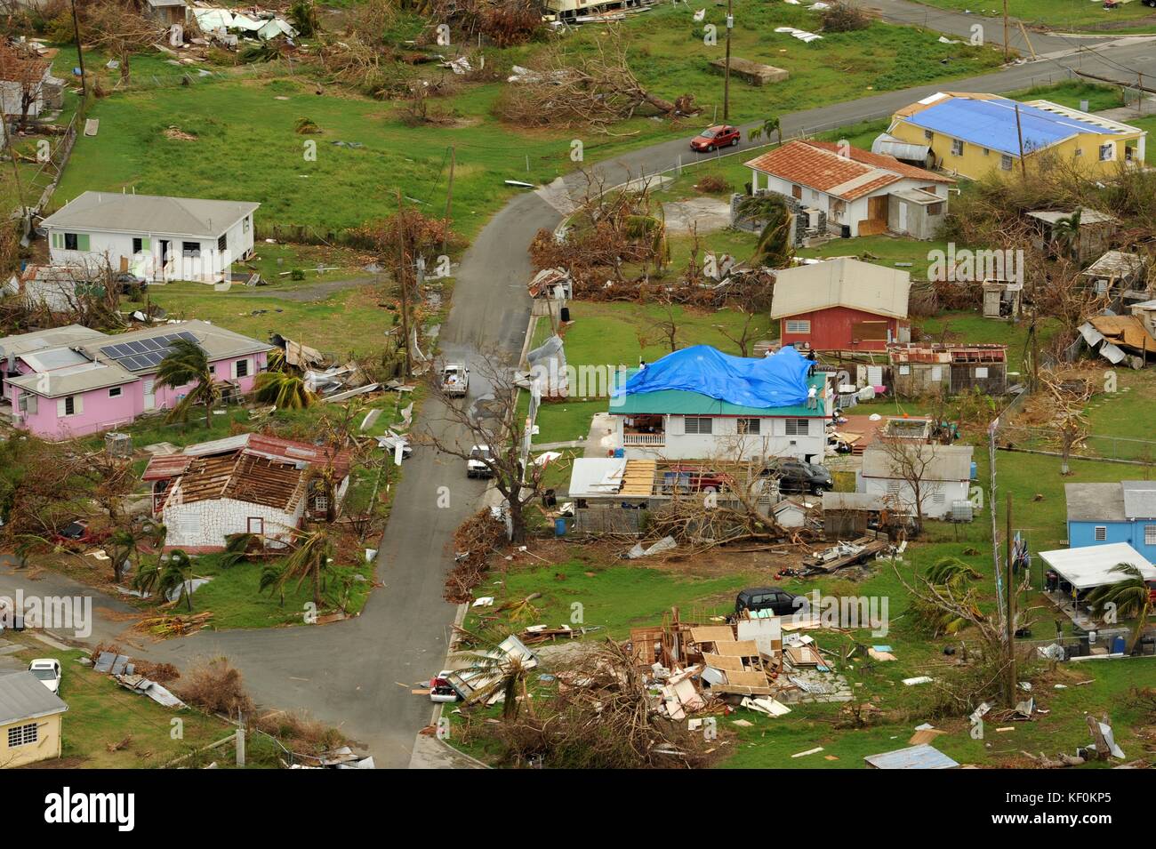 Aerial view of the damage caused by Hurricane Maria September 30, 2017 in St. Croix, U.S. Virgin Islands. Stock Photo