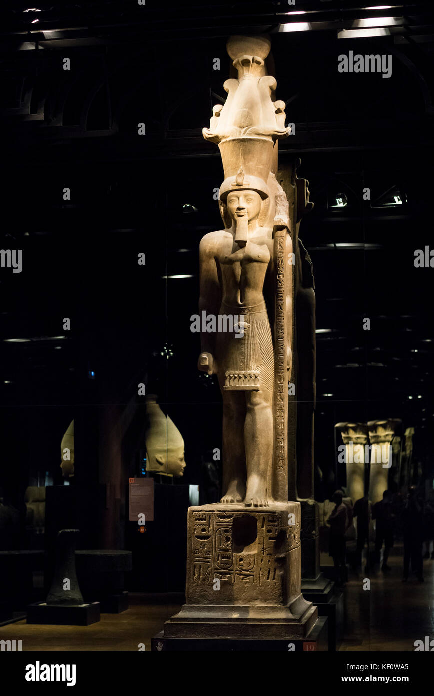 Turin. Italy. Portrait statue of Egyptian Pharaoh Seti II wearing an Atef crown. Museo Egizio (Egyptian Museum) Stock Photo