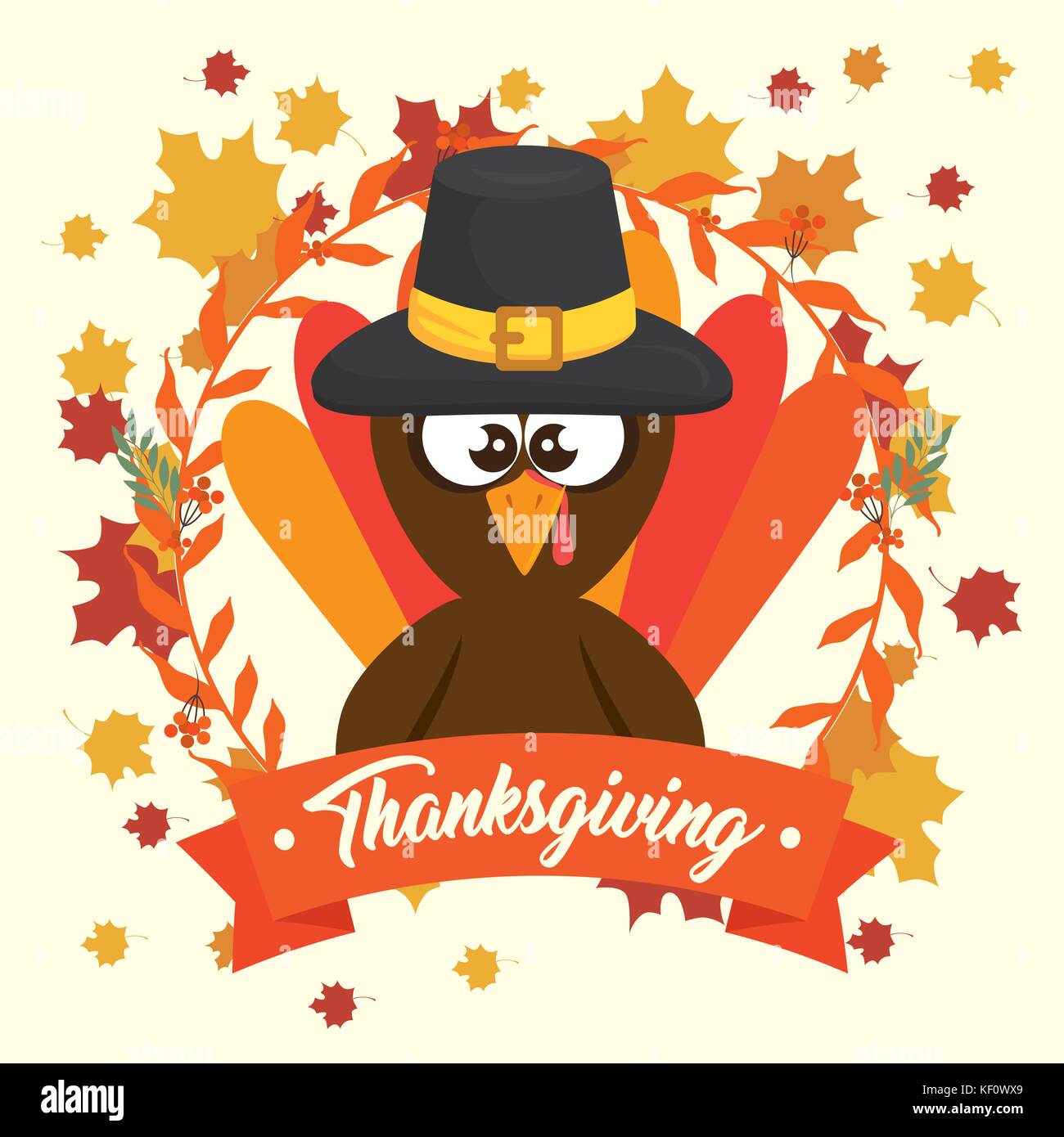 happy thanksgiving day turkey with autumn leaves vector illustration ...