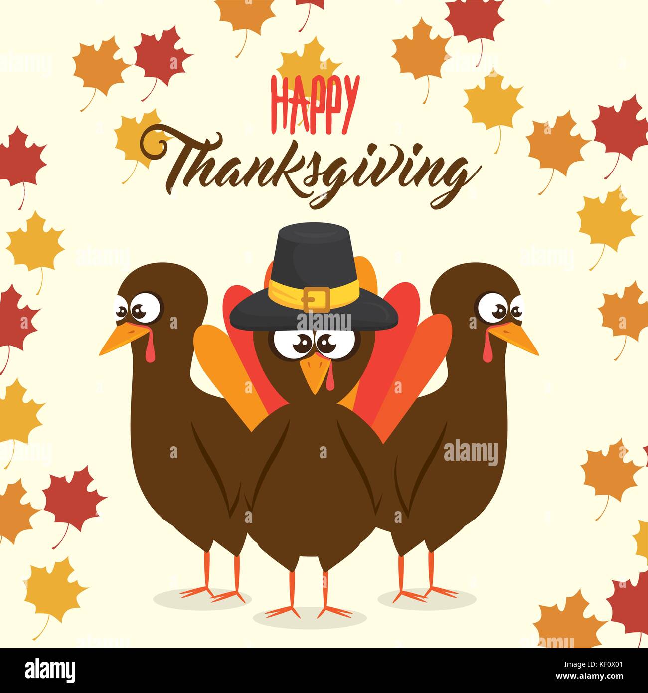 happy thanksgiving day turkey with autumn leaves vector illustration ...