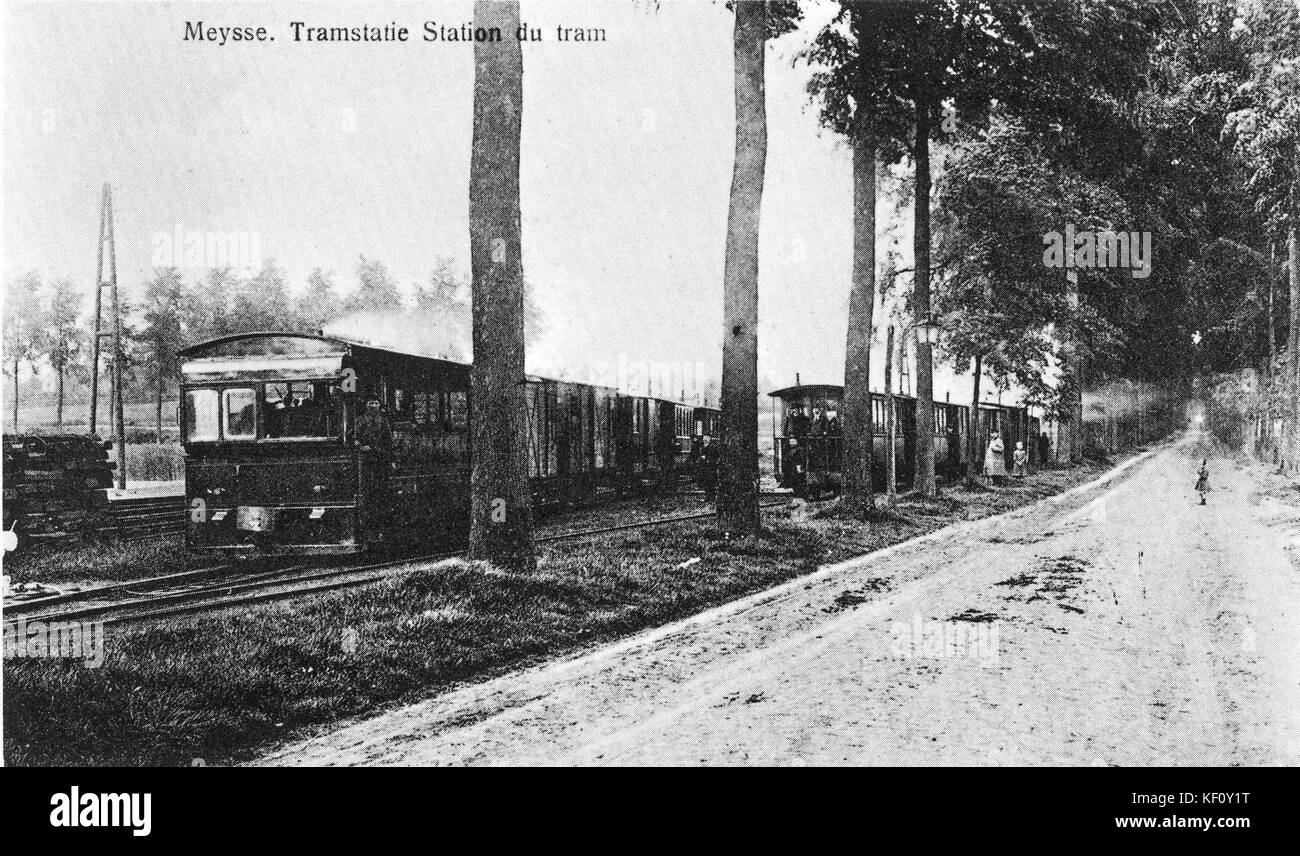 This image depicts the tram station in Meise, Belgium, around 1909. The ...