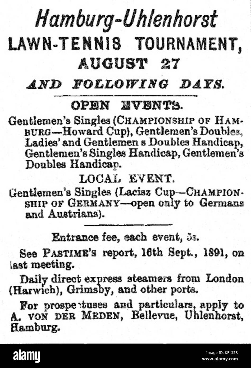German tennis championships 1892, ad in english newspaper Stock Photo