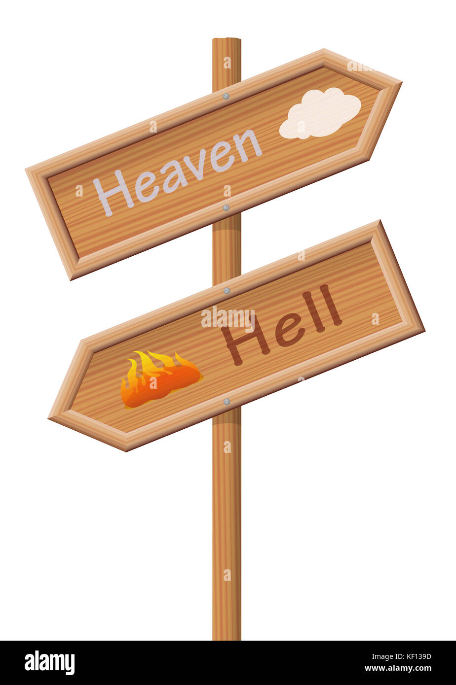 Heaven or hell - two sign posts pointing in opposite directions, one upwards to paradise the other one downwards for the the bad, evil, wicked ones. Stock Photo