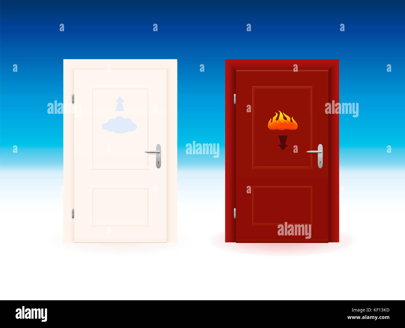 Heavens door to paradise with cloud icon and arrow pointing upwards for the good people and hell door for the bad, evil, wicked, sinful ones. Stock Photo
