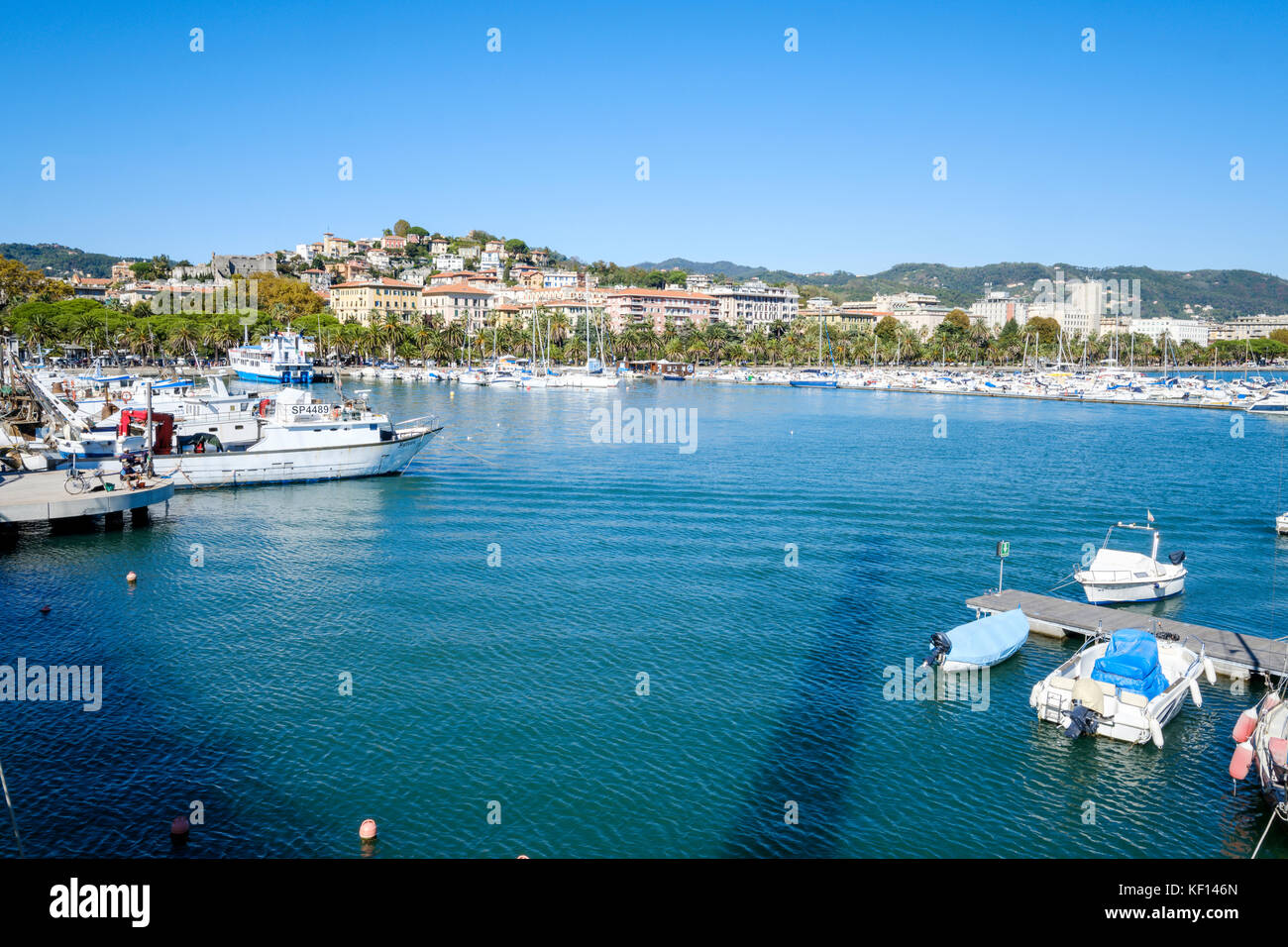 view over La Spezia and its harbour with the castle, La Spezia, Liguria, Italy Stock Photo