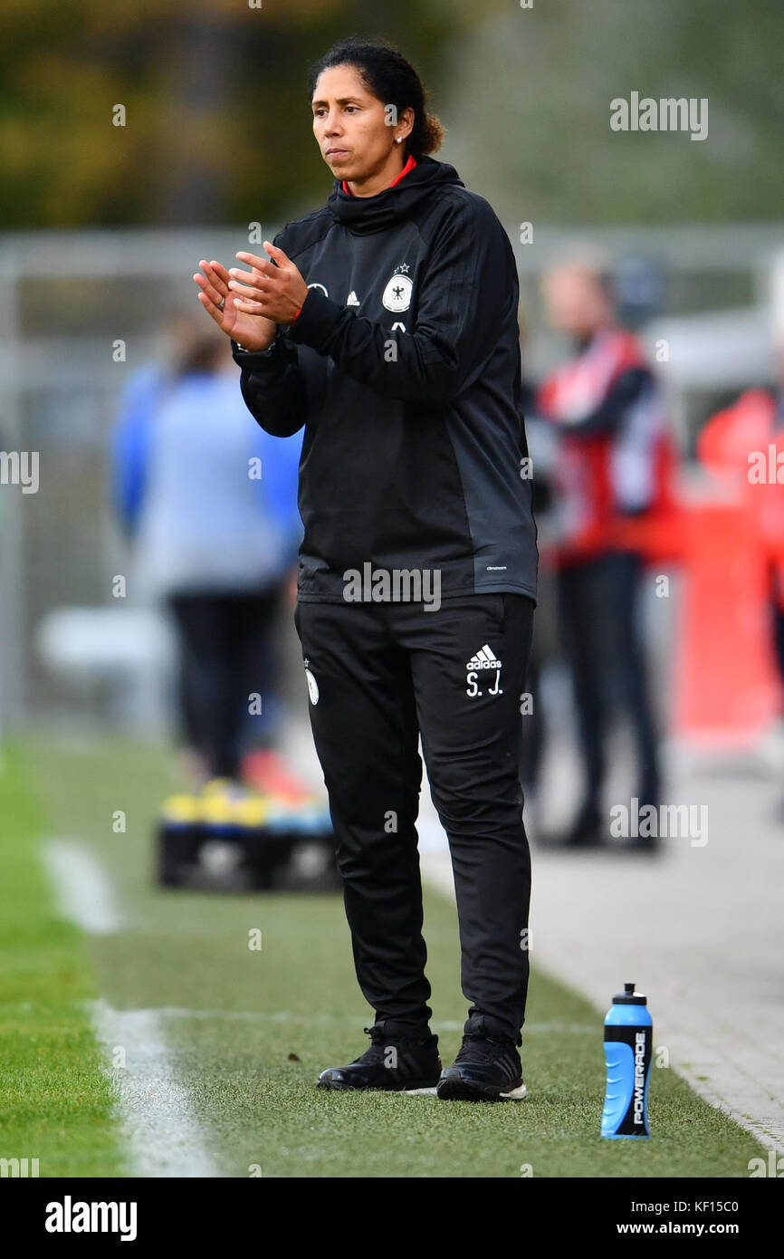 Aspach, Germany. 24th Oct, 2017. Germany head coach Steffi Jones clapping during the World Cup qualifier soccer game between Germany and the Faroe Islands in the Mechatronik Arena in Aspach, Germany, 24 October 2017. Credit: Uwe Anspach/dpa/Alamy Live News Stock Photo