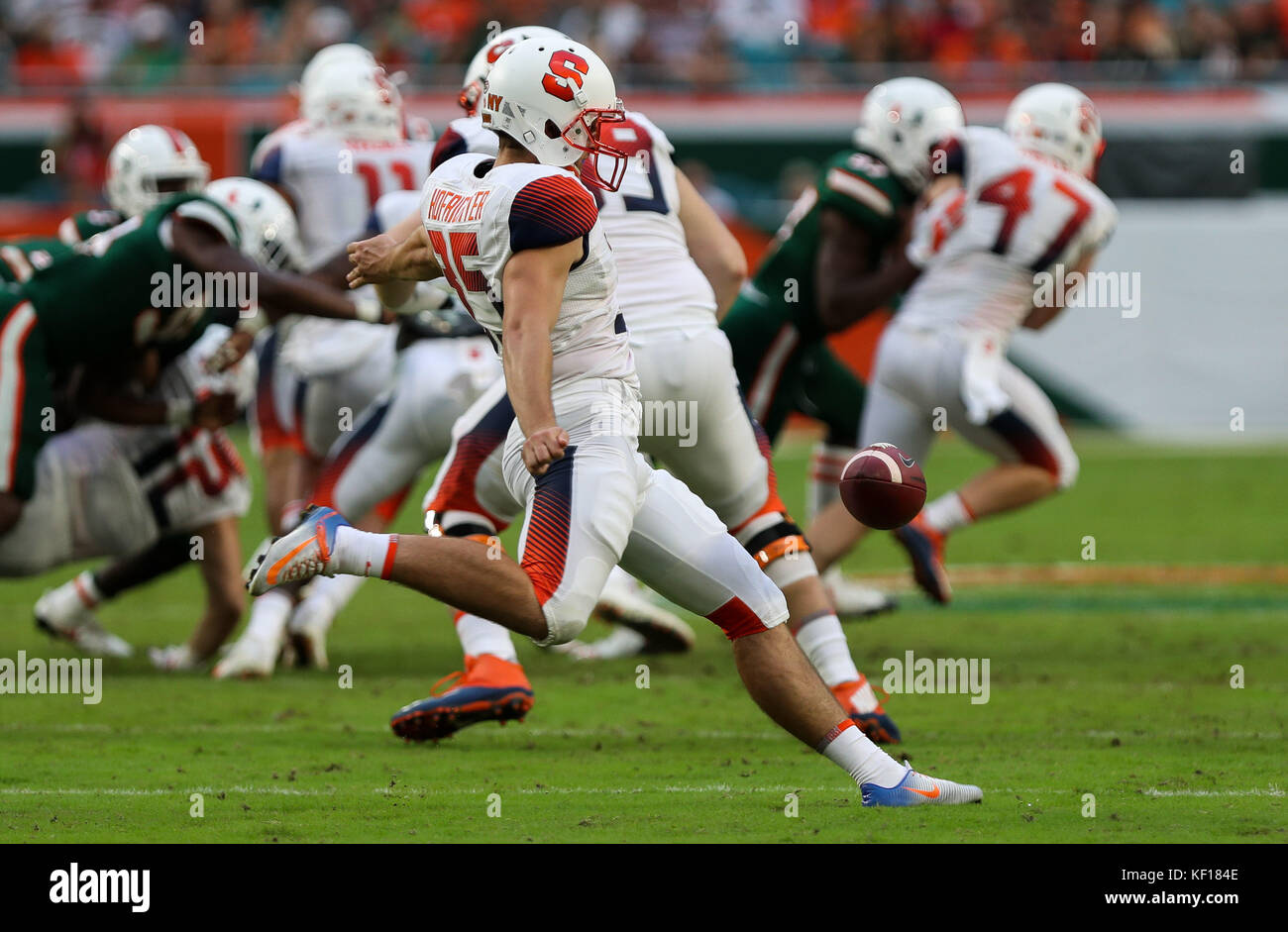 Miami Gardens, Florida, USA. 21st Oct, 2017. Syracuse Orange punter Sterling Hofrichter (35) in action during the college football game between Syracuse Orange and Miami Hurricanes at the Hard Rock Stadium in Miami Gardens, Florida. Miami won 27-19. Mario Houben/CSM/Alamy Live News Stock Photo