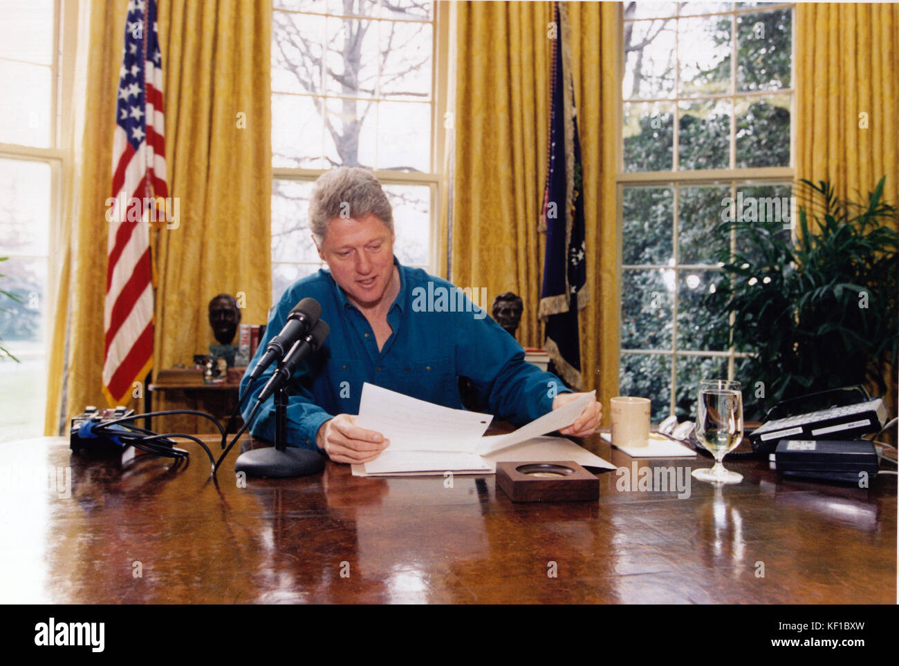United States President Bill Clinton delivers his weekly live radio