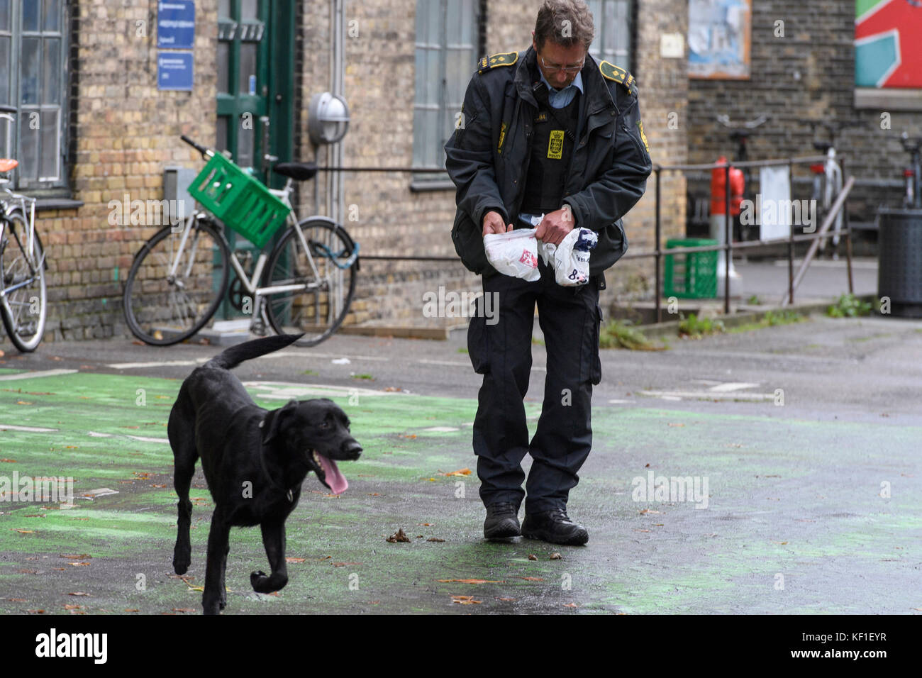 Copenhagen, Denmark. 25th October, 2017.A Danish police officer is photographed cleaning up after his dog prior to a visit from HRH Prince Harry. The animal was in the middle of its duties as sniffer-dog when it chose to take a bathroom break right where the prince was due to arrive. Credit: Matthew James Harrison / Alamy Live News Stock Photo