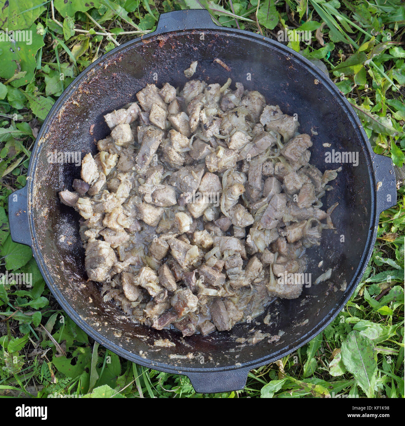A large castiron cauldron with pieces of fried meat and onions stands