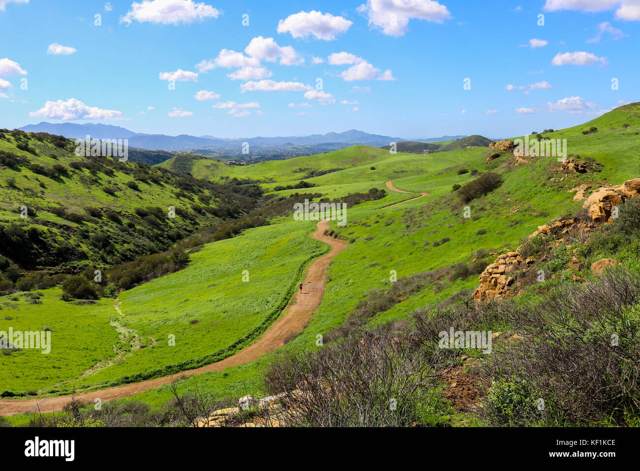 Lone Runner on Trail in Southern California Foothill Landscape Stock Photo