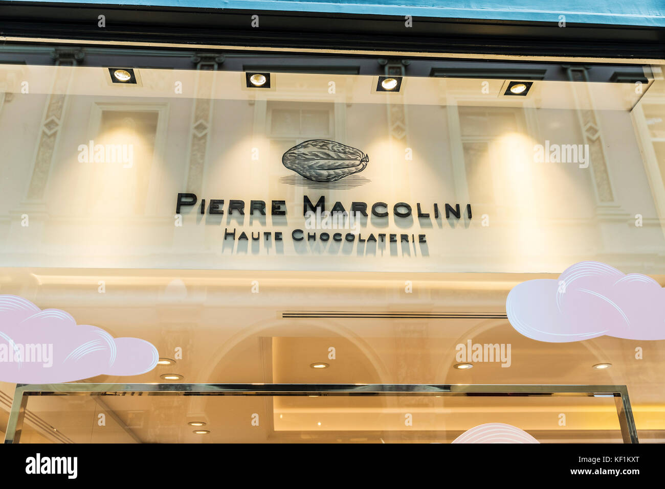 Brussels, Belgium - August 26, 2017: Pierre Marcolini, candy shop of the belgian chocolate in the Galeries Royales Saint Hubert in Brussels, Belgium Stock Photo
