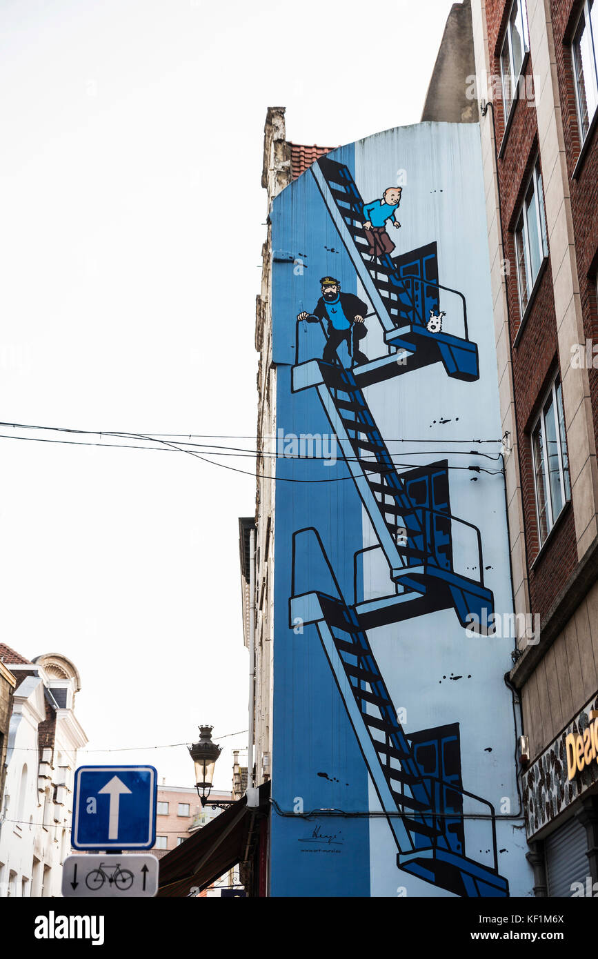 Brussels, Belgium - August 26, 2017: Graffiti with Tintin and Captain Haddock on a street in Brussels, Belgium Stock Photo