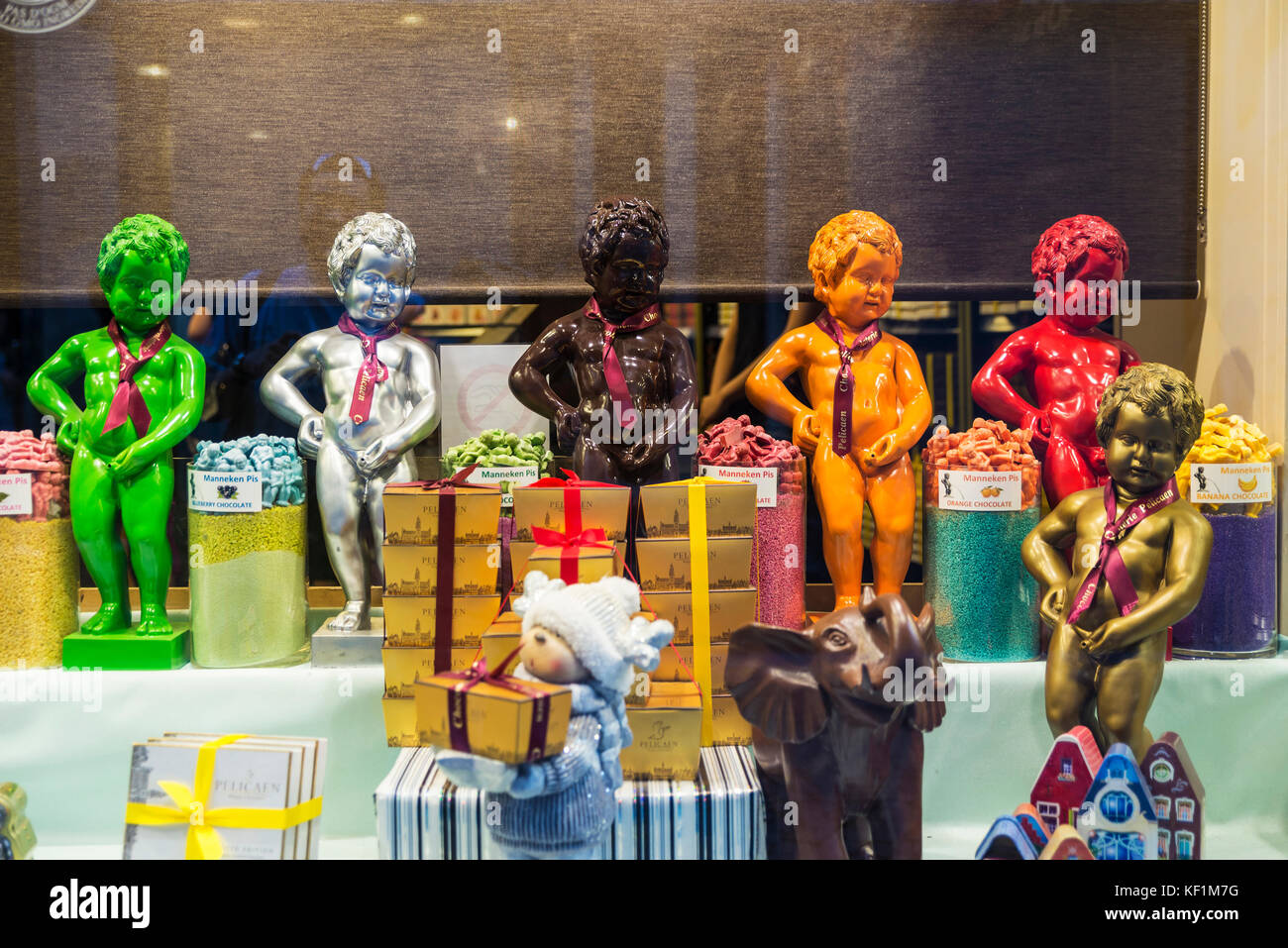 Brussels, Belgium - August 26, 2017: Statue of chocolate of Manneken pis as a candy store decoration located in the historical center of Brussels, Bel Stock Photo