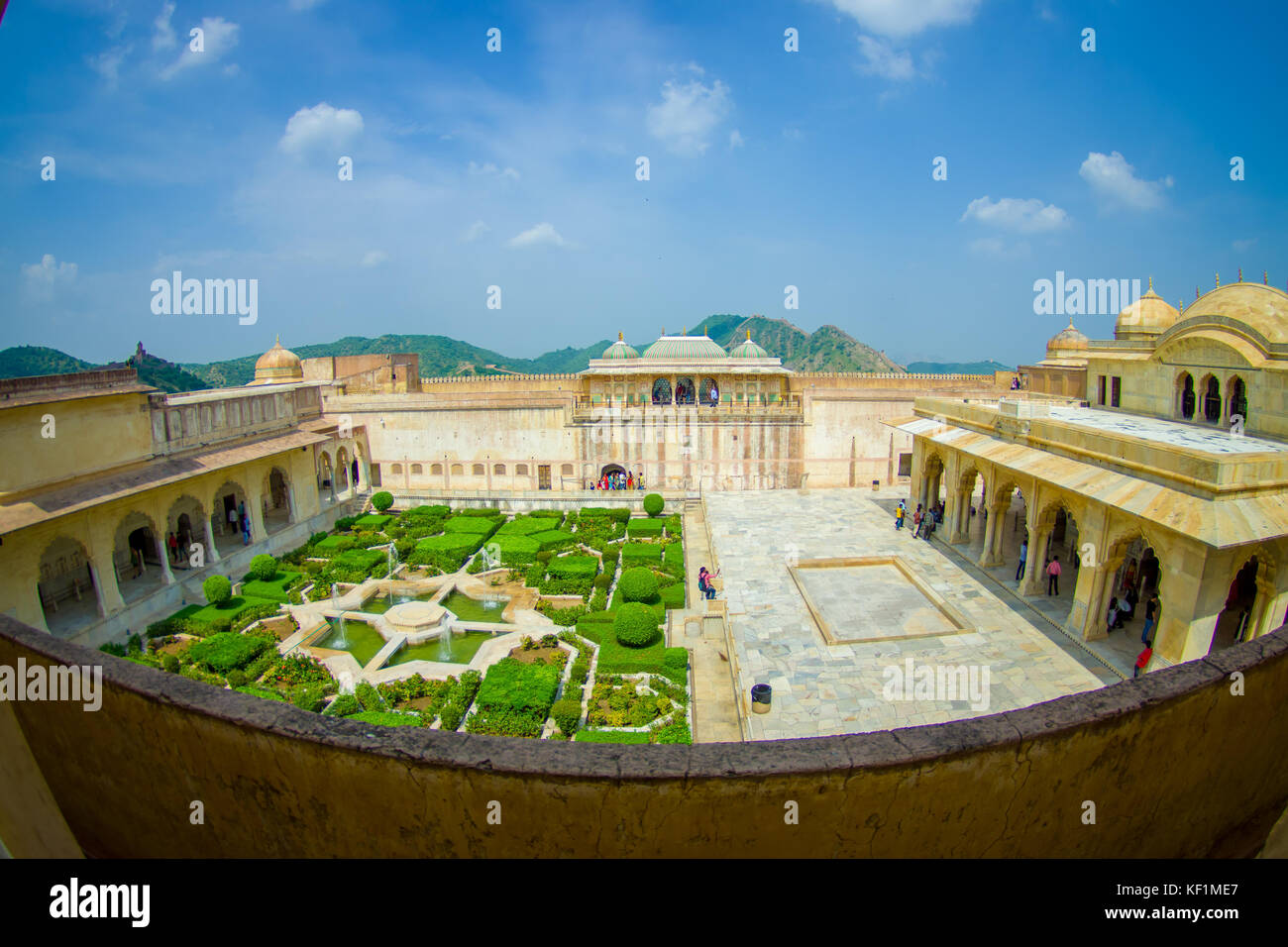Beautiful aerial view of the garden of amber fort and rooftop in Jaipur