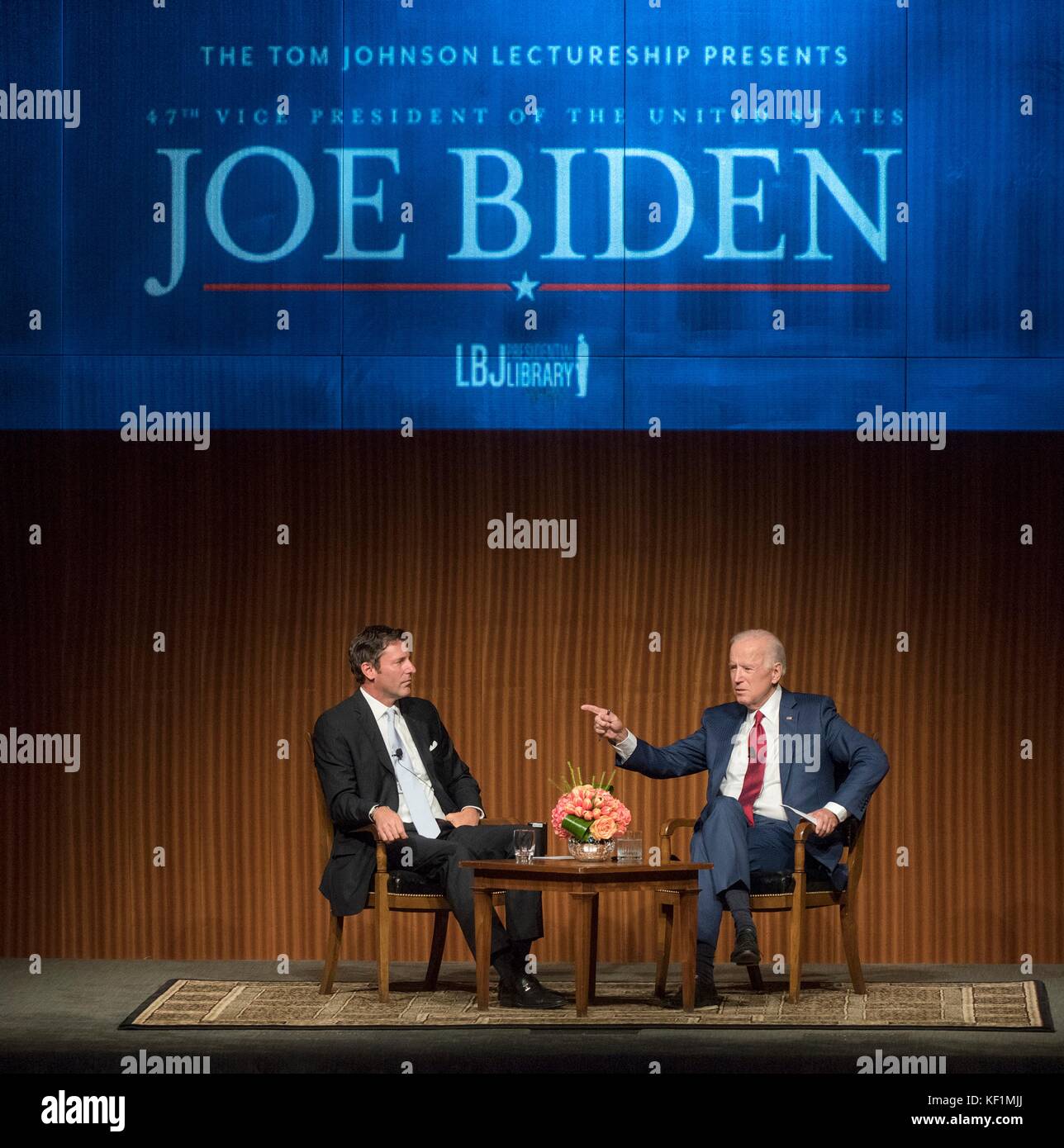 Former U.S. Vice President Joe Biden (right) during a discussion with Mark Updegrove during the Tom Johnson Lectureship at the LBJ Presidential Library October 3, 2017 in Austin, Texas. Stock Photo