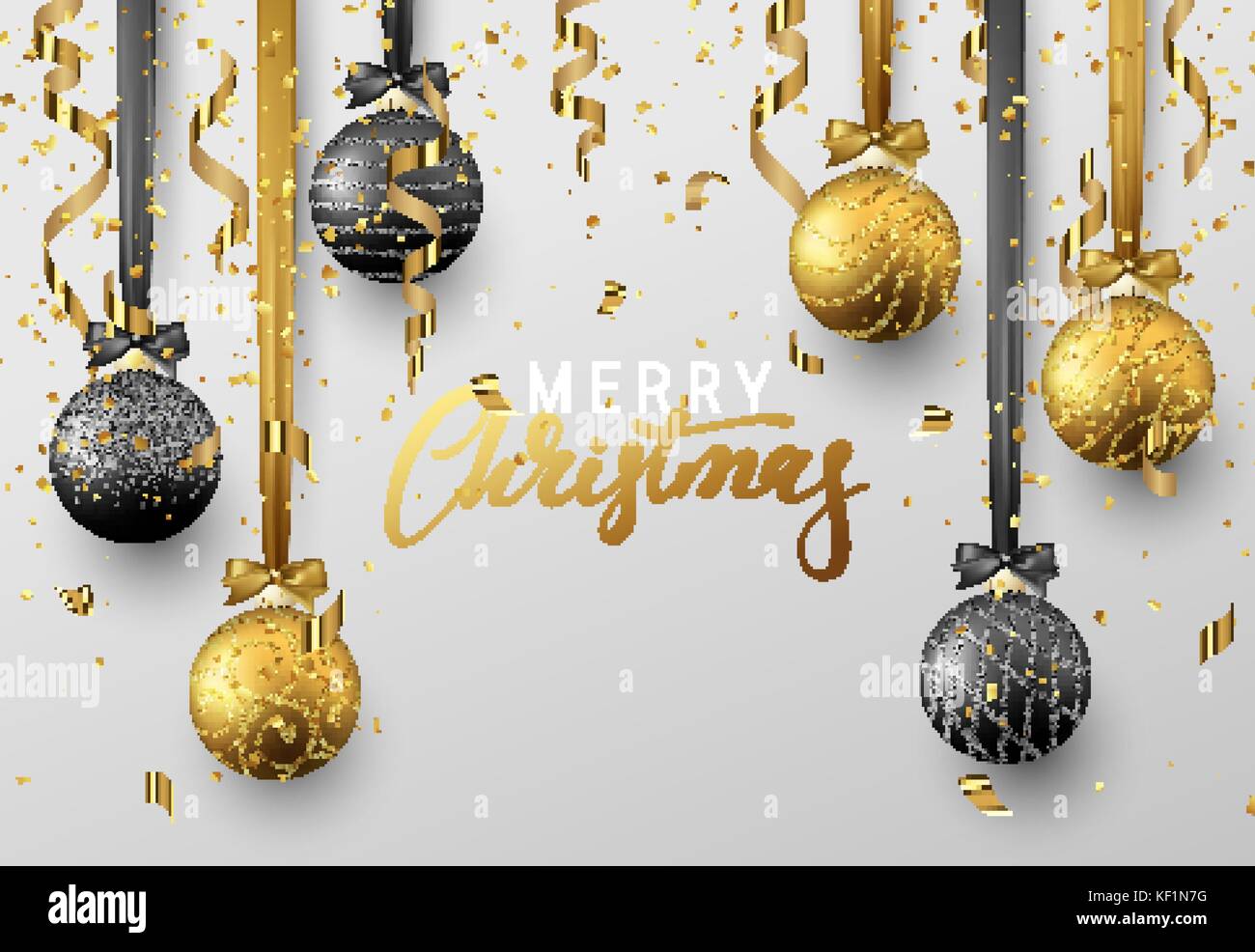 Christmas background with shining gold and black ball, serpentine and ...
