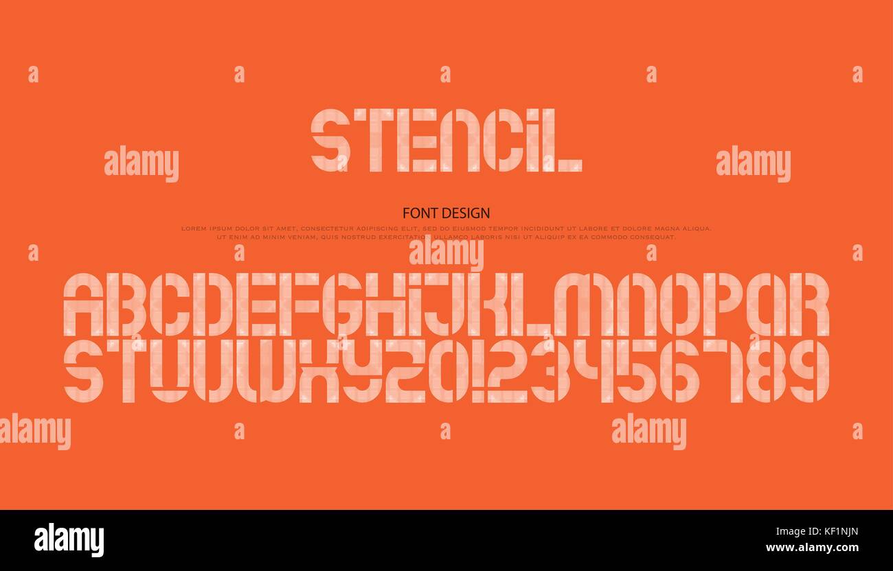 stencil alphabet letters and numbers. vector, geometric font type. regular typeface design