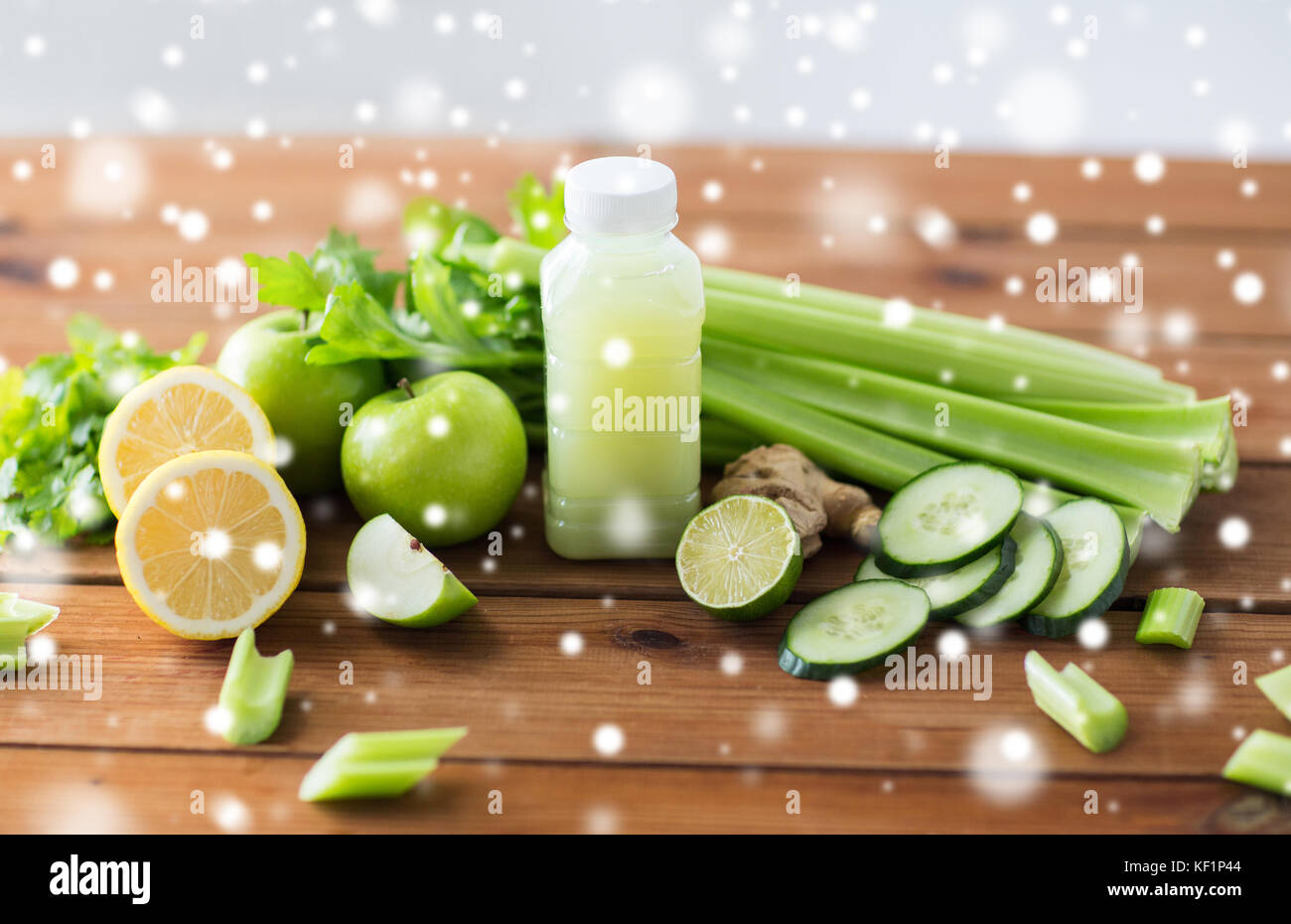 bottle with green juice, fruits and vegetables Stock Photo Alamy