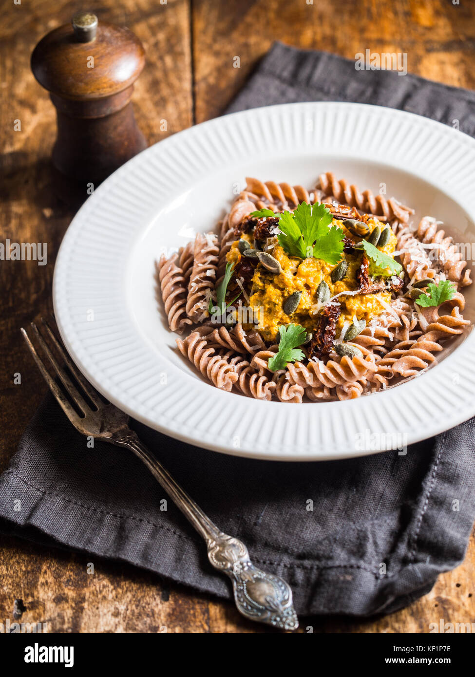 Homemade pumpkin pesto with whole grain spelt pasta Stock Photo Alamy
