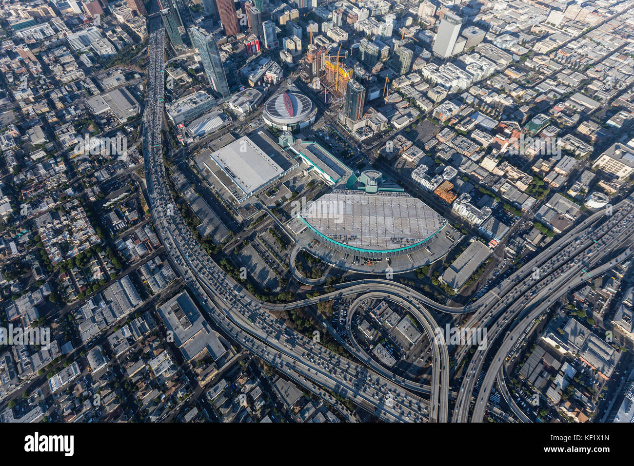 Los Angeles, California, USA - August 7, 2017:  Aerial view of Convention Center, freeways and South Park neighborhood in downtown Los Angeles. Stock Photo