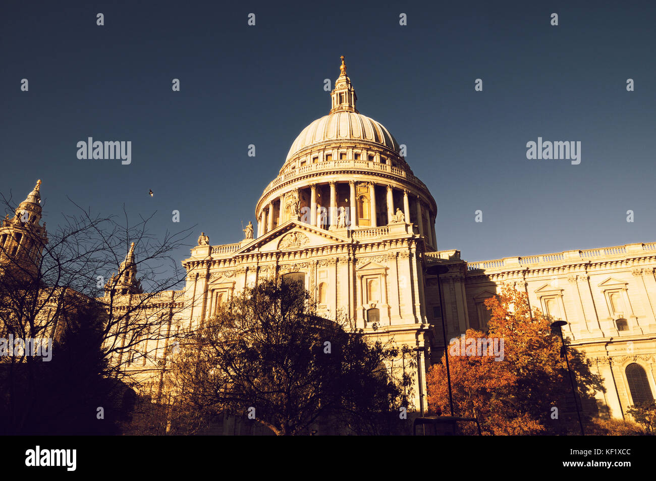 St Paul's Cathedral, London, UK.  Golden sunlight bathes the southern facade of Sir Christopher Wren's masterpiece in the City of London. Stock Photo