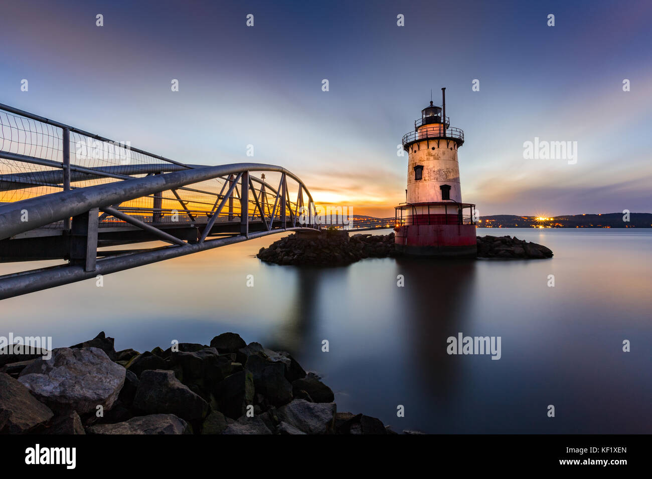 Sleepy Hollow Lighthouse (aka Tarrytown Light) at dusk. The cast iron tower was installed in 1883 and operated until 1961. Stock Photo