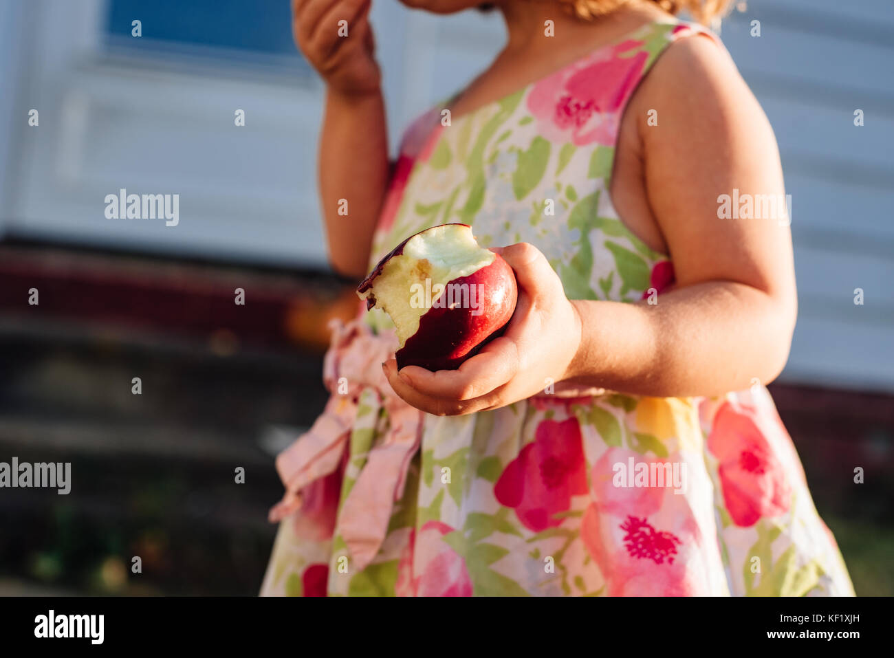 2-3 year old holding half eaten apple. Stock Photo