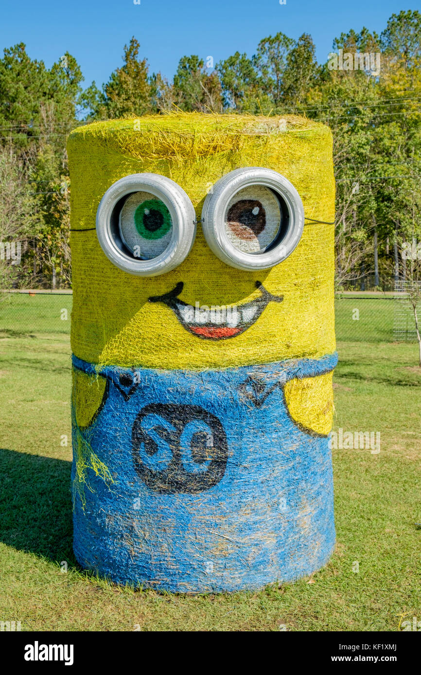 Decorated hay bale as a cartoon character for the American Halloween holiday, in Alabama, USA. Stock Photo