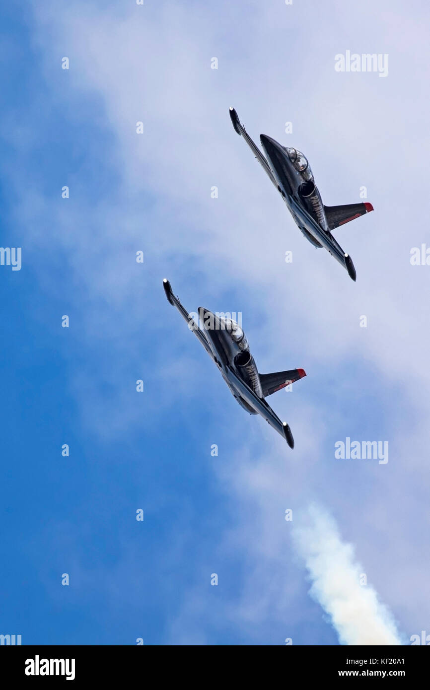 Airplane Patriots Jet Team L-39 Albatross jet flying at airshow Stock Photo