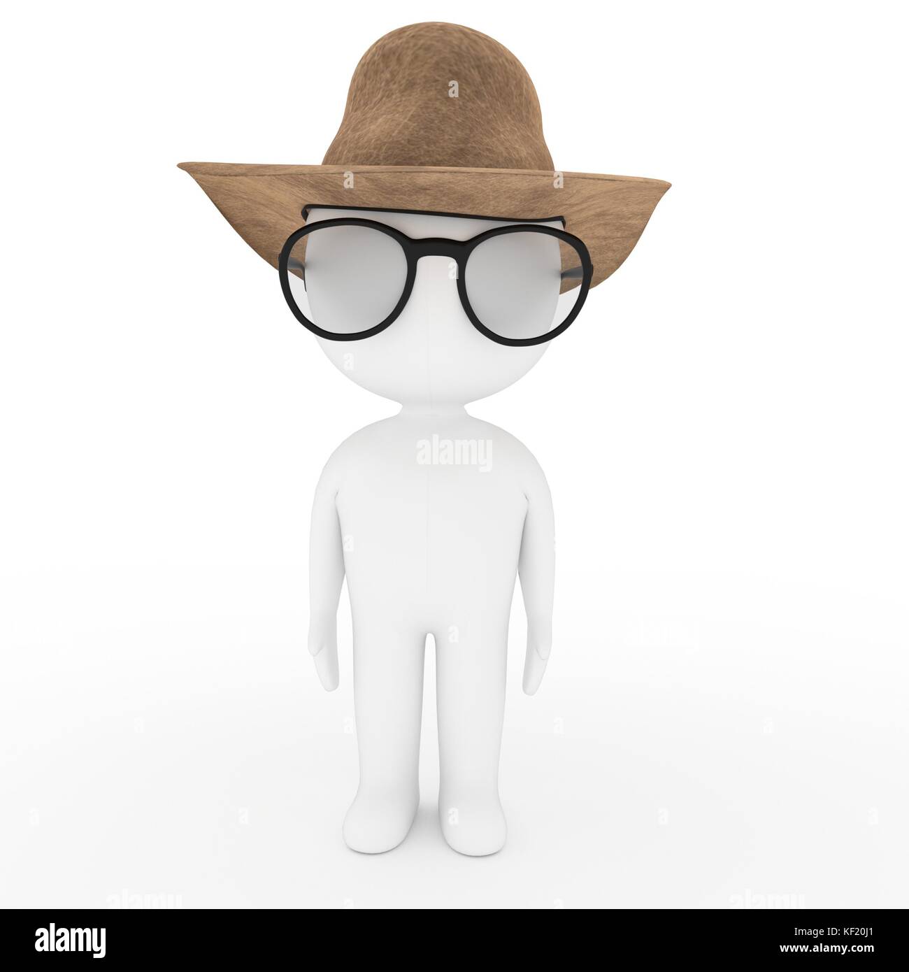 white cowboy man with glasses and hat on white isolated in 3D rendering Stock Photo