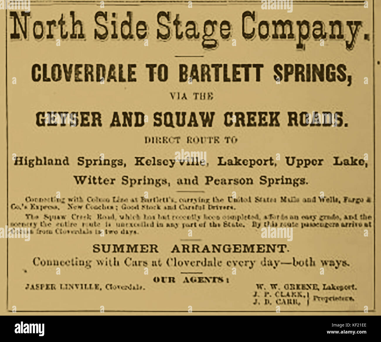 1877 Old advertisement for  the North Side Stage Company USA, Cloverdale to Bartlett Springs via Geyser and Squaw  Creek Roads.  (agents Jasper Linville-Cloverdale; W Greene -Lakeport;) -  J.P. Clark and J D Carr Proprietors Stock Photo