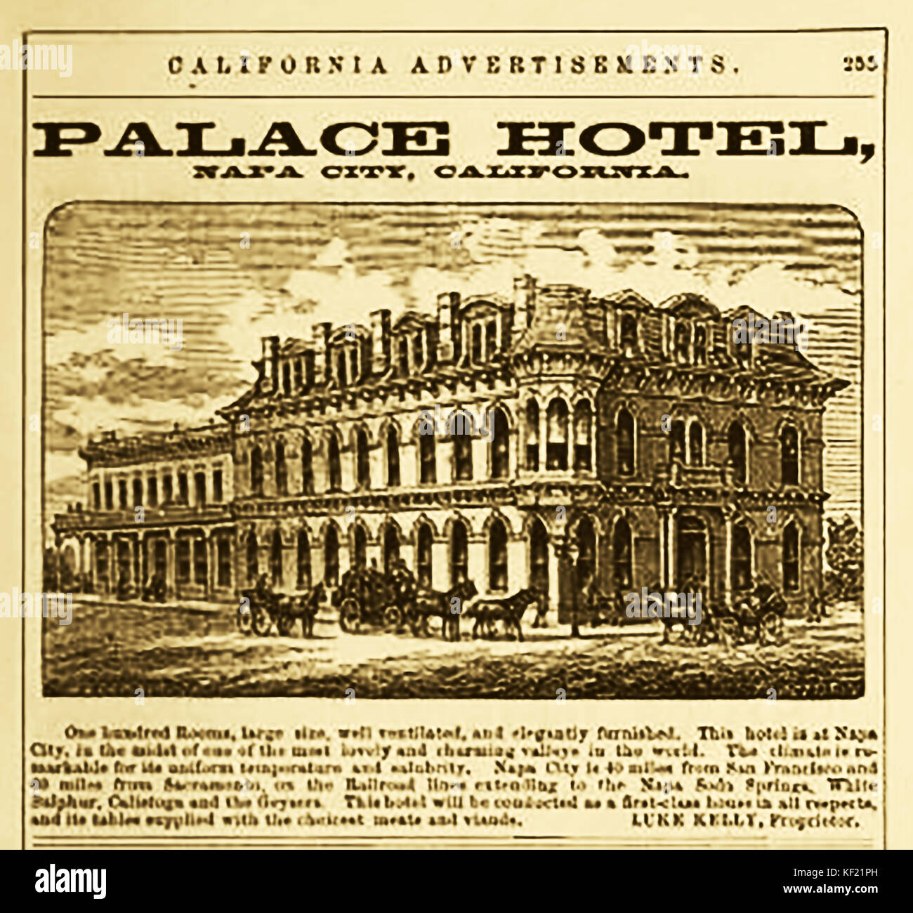 1877  Vintage advertisement for the Palace Hotel, Napa City, California, USA -Luke Kelly proprietor Stock Photo